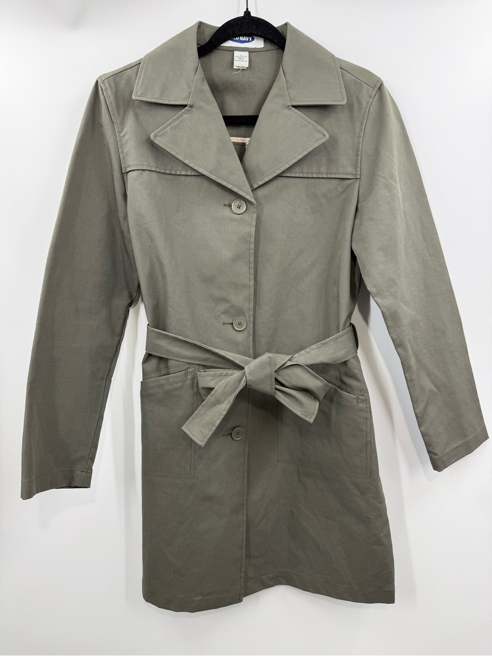 Old Navy Vintage Y2K Olive Green Belted Trench Coat Longline Jacket Size Large